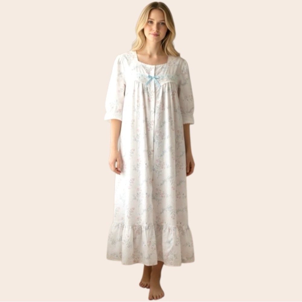 Vintage 70s Barbizon Paris White Floral Nightgown M Puff Sleeve Ruffle Cottage